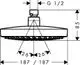 Hansgrohe Kopfbrause mit einem flachen Design. Rund, mit Duschkopf und zwei Ausstrahlungsoptionen. Geometrische Abmessungen und Anschlussdetails sind sichtbar.